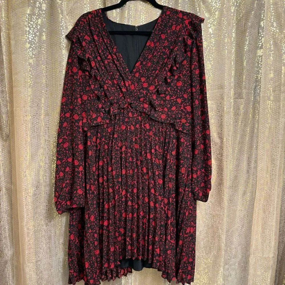 Express Black‎ Red Rose Floral Pleated Long Sleeve V Neck Dress XL